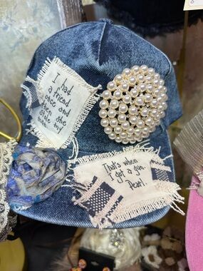 One of One Embellished Denim Cap with Pearl Brooch & Rosette.